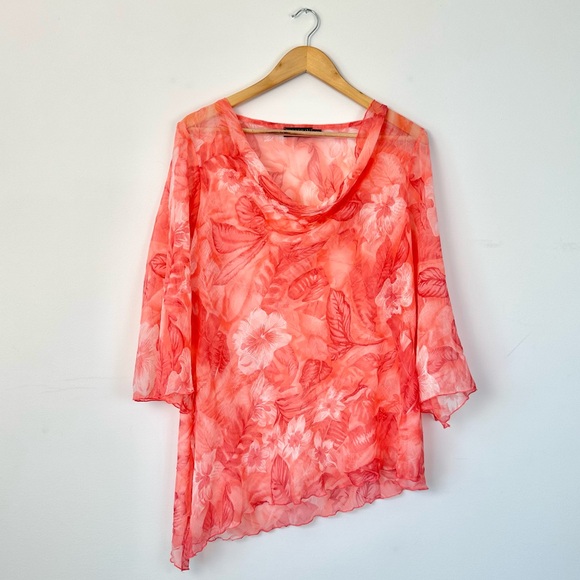 Vintage Picadilly Orange and Pink Floral Asymmetrical Sheer Blouse 3/4 Sleeves - Picture 3 of 15